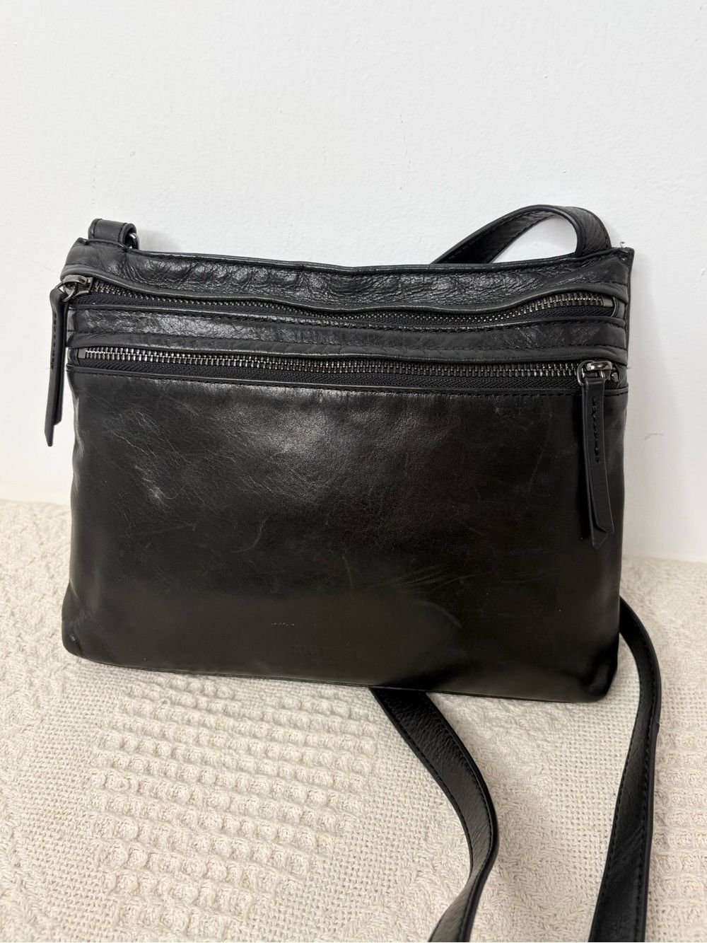 Margot Black Leather Crossbody Bag Slim East West Hippie Body Bag